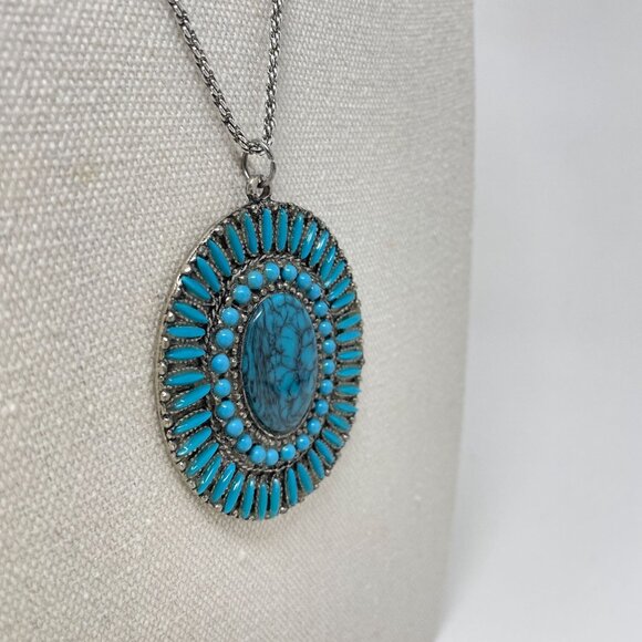 Petit Point Turquoise Blue Pendant Necklace Silver-Tone Long Southwest Western - Picture 5 of 12